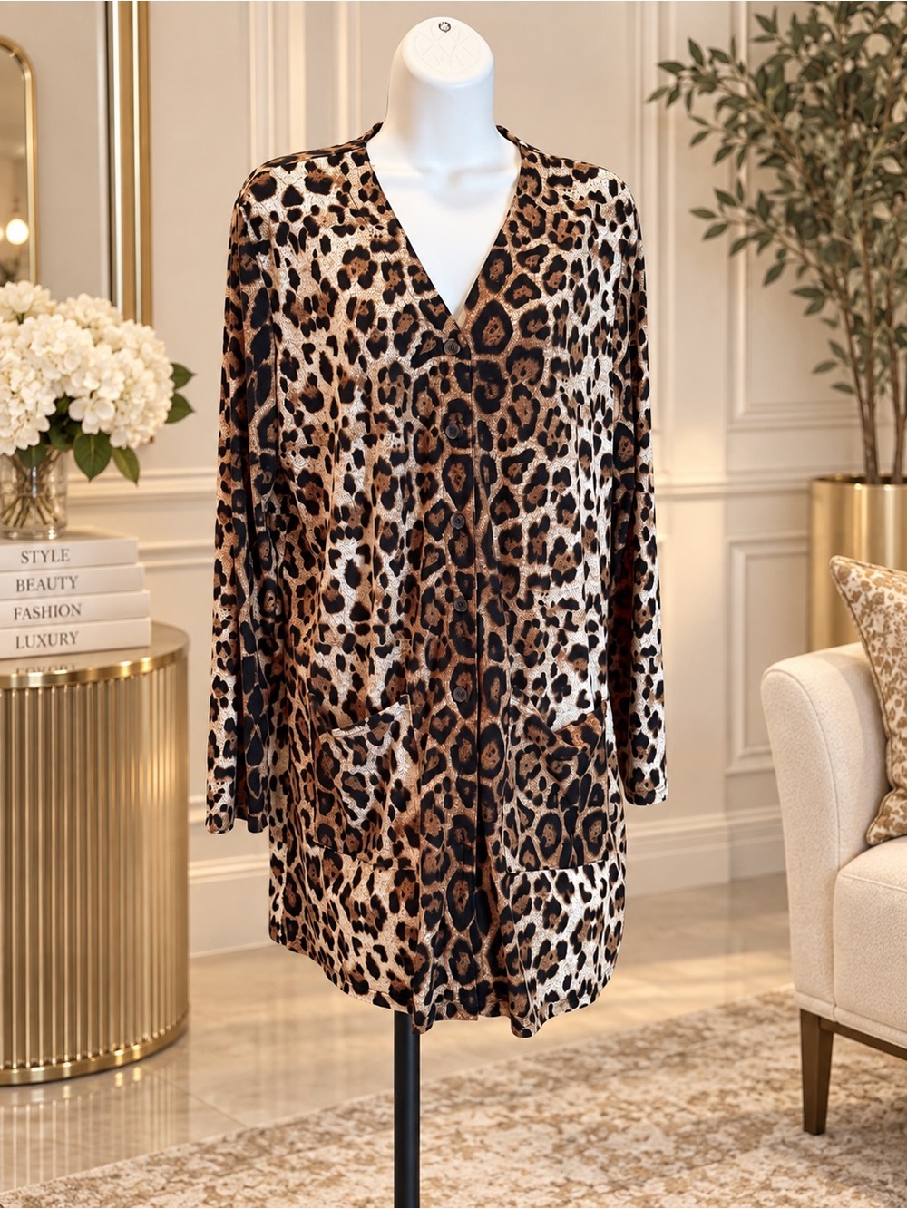 Leopard Print V-Neck Long Cardigan - Brown